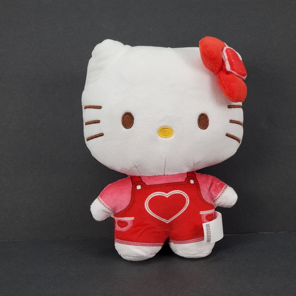 Sanrio Hello Kitty Plush Red Heart Overalls Pink Shirt 8 Inch Stuffed Toy Bow